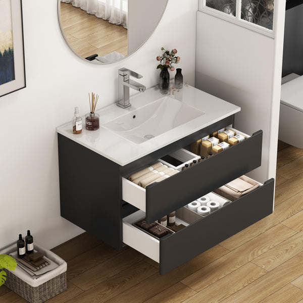 English Elm 32-Inch Wall-Mounted Bathroom Vanity & Ceramic Sink Combo - Soft-Close Drawers, Easy Install! W3151S00046