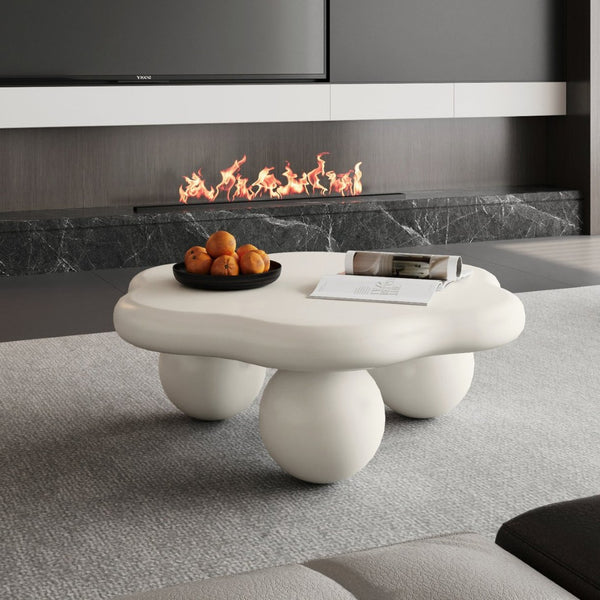 English Elm 35" Cloud Shaped Mdf Coffee Table Sculptural Round Top with Spherical Legs for Modern Living Cream White W1435S00027