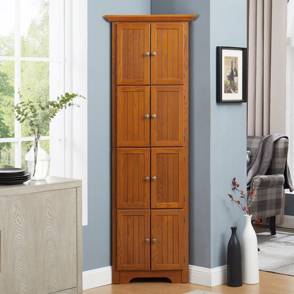 English Elm 4-Tier Corner 8-Door Cabinet with 4 Shelves — Space-Saving Farmhouse Storage for Kitchen Living Room Office Oak W2275P269083