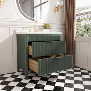 English Elm Fully Assembled 36" Green Bathroom Vanity With Solid Wood, Carrara Marble Top & Soft-Close Features W1826P308980