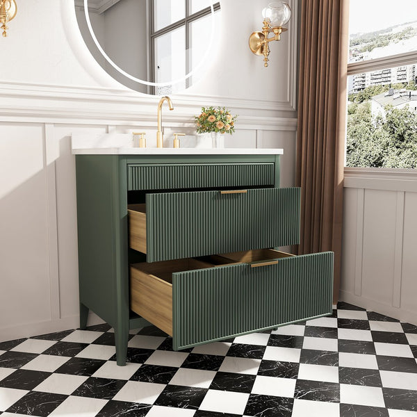 English Elm Fully Assembled 36" Green Bathroom Vanity With Solid Wood, Carrara Marble Top & Soft-Close Features W1826P308980