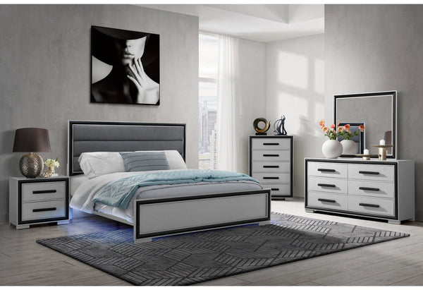 English Elm ADELAIDE King Bed with Upholstered Headboard, Solid Wood Frame, Sleek Silver Trim and LED Lighting Black,Grey 82 L x 7.5 W x 38.25 H B201S00089