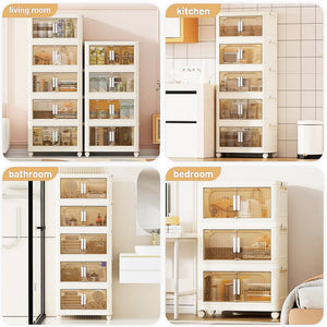 English Elm 19.69" Side Wide Folding Storage Cabinet - 5-Tier Organizer With Magnetic Door & Wheels For Easy Use W2873P207557