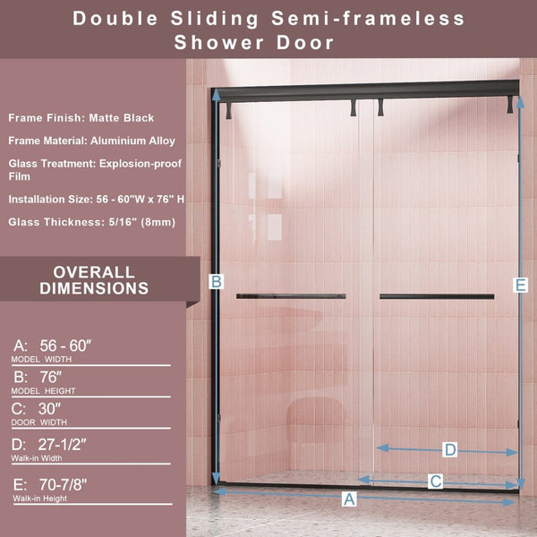 English Elm 56-60 in Semi-frameless Double Sliding Shower Door Clear Tempered Glass Matte Black W1920S00078