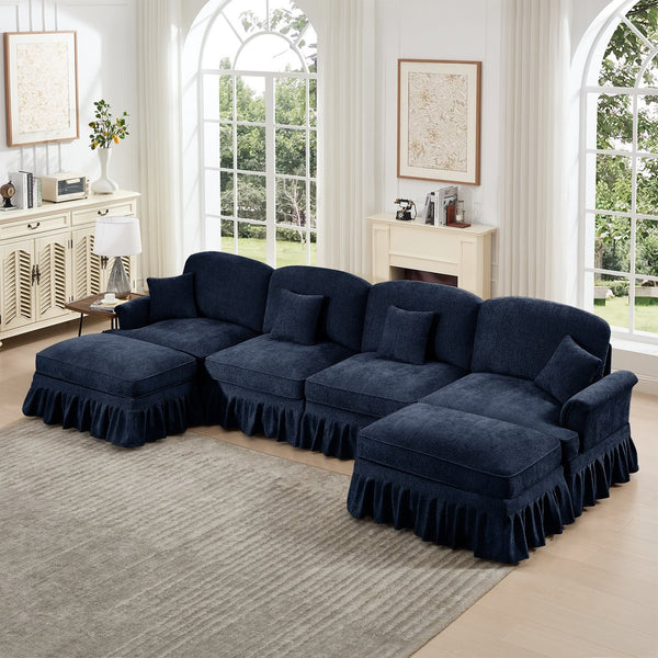 English Elm Classic U-Shape 4-Seater Modular Sectional Sofa In Soft Chenille With Ruffled Skirts & Spindle Legs W3041S00262