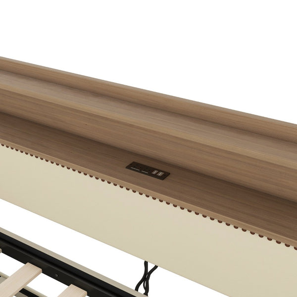 English Elm Twin Size Daybed With Trundle, Usb Charging Station & Led Lights - Chic Beige Upholstered Design W1580S00025-GIGA