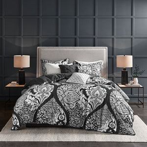 English Elm King/Cal King Vienna 6-Piece Printed Duvet Cover Set – 100% Cotton Sateen, Damask Design, Flange Trim & Decorative Pillows B03597370