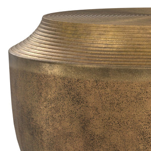 English Elm Timmons Hand-Finished Cast Aluminum Coffee Table in Antique Brass, Drum Shape, Multipurpose Accent Piece B136P239032