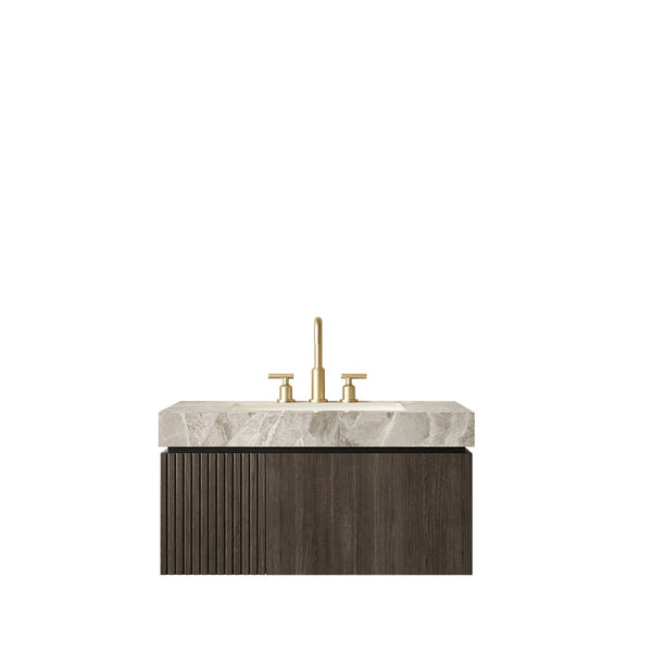 English Elm Muri Floating Bathroom Vanity Plywood Cabinet Sintered Stone Top Espresso Woodgrain W2615S00598
