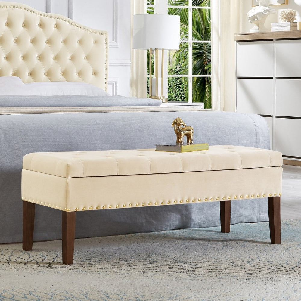 English Elm Tufted Velvet Storage Bench with Nail Head Trim Lift Top Lid for Bedroom Entryway Cream W2186P262477
