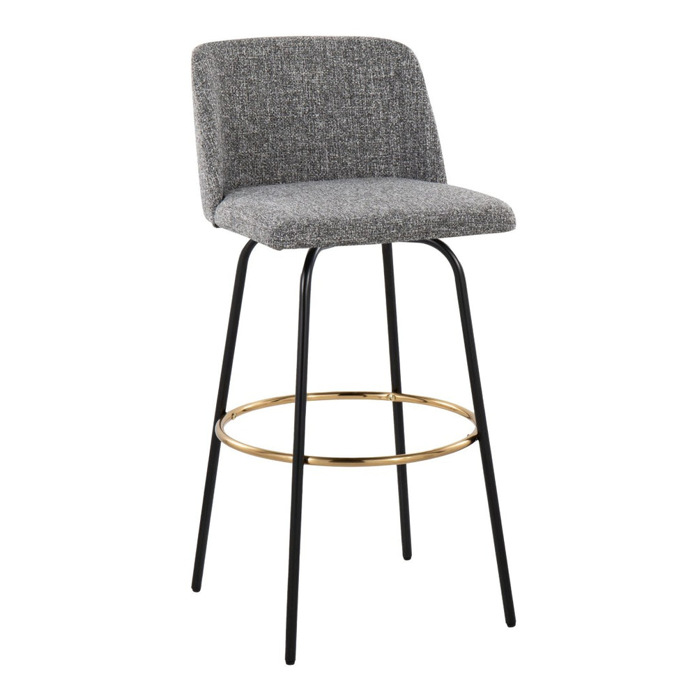 English Elm 30" Swivel Barstools Set of 2 Grey Fabric Gold Footrest Black Metal Kitchen Counter B202S00653