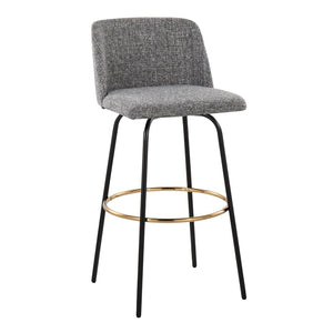English Elm 30" Swivel Barstools Set of 2 Grey Fabric Gold Footrest Black Metal Kitchen Counter B202S00653