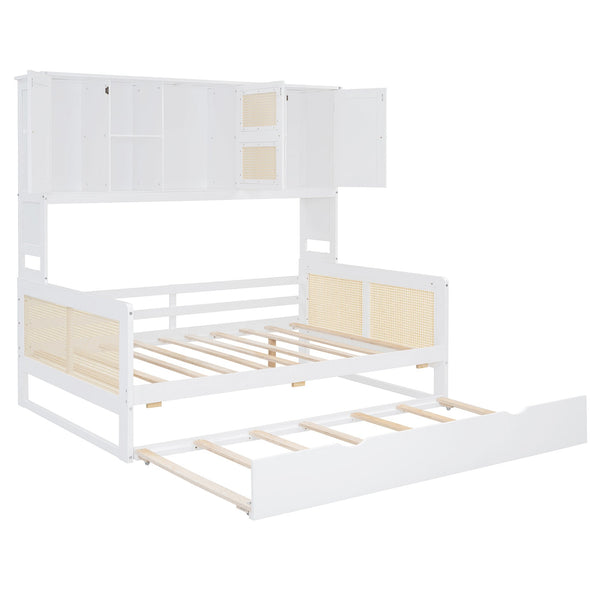 English Elm Full Wooden Daybed With Twin Trundle & Versatile Cabinet Shelf - Space-Saving Comfort In White N820S00049K