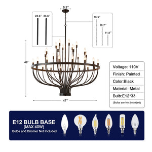 English Elm Industrial Matte Black 33-arm Candelabra Chandelier Large Dining Room Statement Fixture W2991P406724
