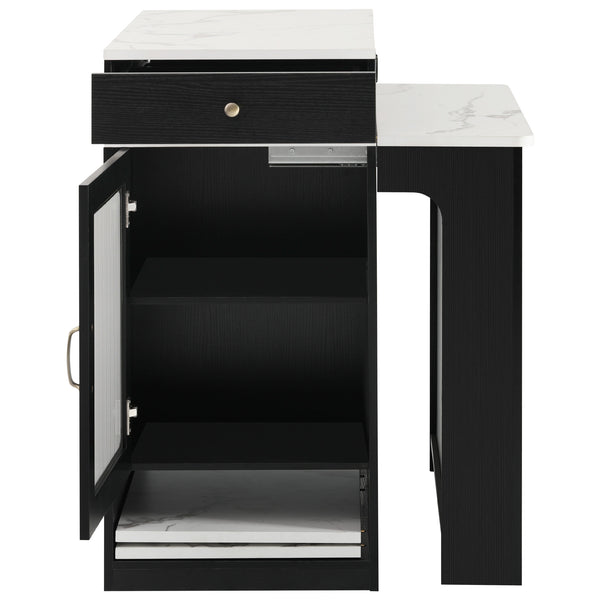 English Elm K&K Modern Extendable 59.5" Kitchen Island with Double-Sided Storage, Power Outlet & Casters Black N707S000017B