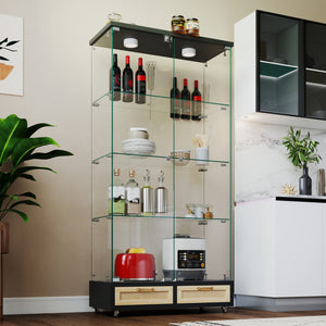 English Elm Modern Glass Display Cabinet With Led Lights, 4 Shelves & Drawers - Stylish Furniture For Collectors W241S00057