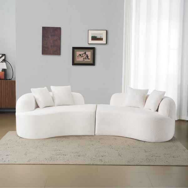 English Elm Curved Four-Seater Teddy Velvet Sofa with Full-Compression Sponge and Spring Support, No-Assembly, Compact White W3612S00001