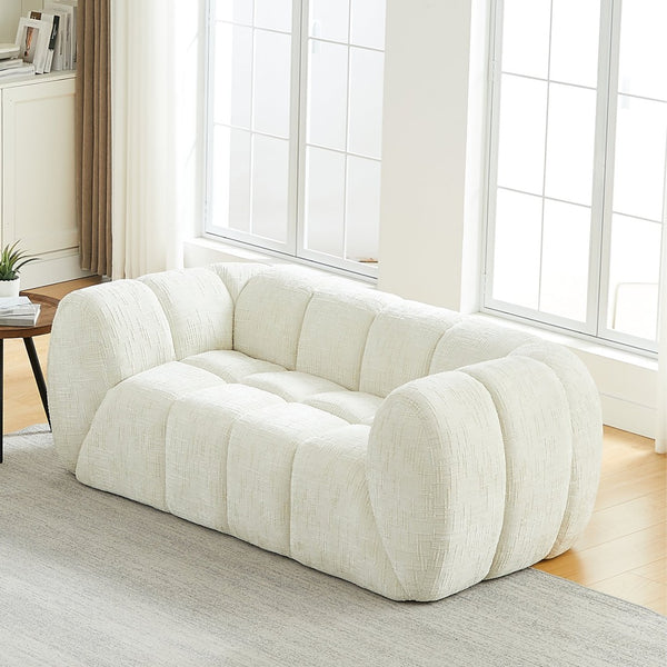 English Elm Chenille Cloud Sofa with Quilted Checkered Cushions and Piano Key Backrest Design Beige W834P442225
