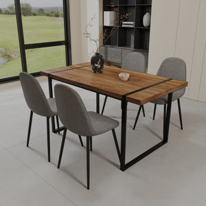 English Elm 59" Industrial Dining Set with Suede Chairs Matte Metal Base Mdf Table Seats Four Brown Grey W2189S00932