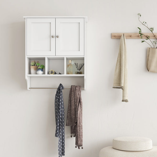 English Elm Bathroom Wall Cabinet with Towel Bar — Durable P2 MDF, Wall-Mount Storage for Toiletries & Medicine White W2386P192273