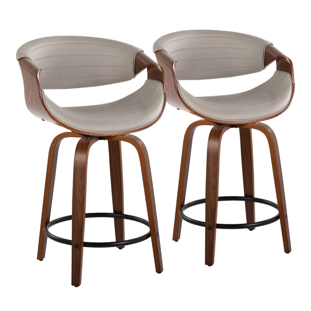 English Elm Symphony 24" Mid-Century Modern Counter Stools Set Of 2 - Walnut Wood & Grey Faux Leather Swivel Design B202S00090-GIGA