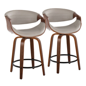 English Elm Symphony 24" Mid-Century Modern Counter Stools Set Of 2 - Walnut Wood & Grey Faux Leather Swivel Design B202S00090-GIGA