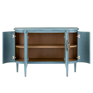 Briallen Blue Demi-Lune Cabinet - Elegant Lacquered Storage with Polished Nickel Floral Details