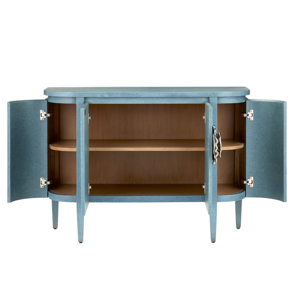 Briallen Blue Demi-Lune Cabinet - Elegant Lacquered Storage with Polished Nickel Floral Details