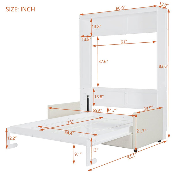 English Elm Full Size Murphy Wall Bed with Integrated Linen Sofa for Studio or Guest Room White LP000890AAK-1
