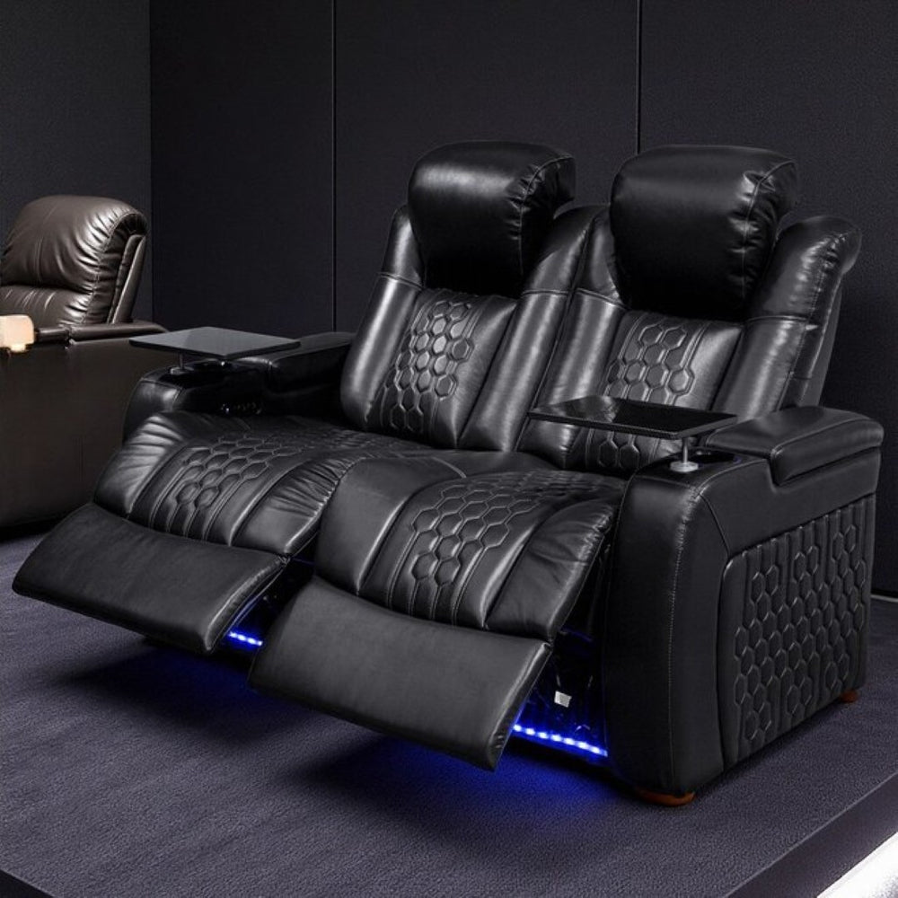 English Elm 62.2"power Recliner Set of 2 Top-grain Nappa Leather Home Theater Seating with Rgb Led Black W3819S00089