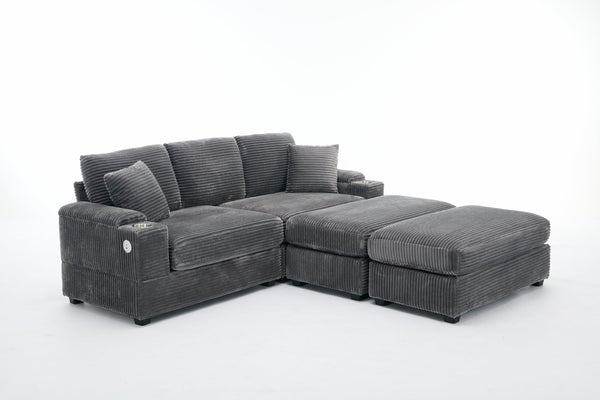 English Elm Corduroy Upholstered Chaise Lounge Sofa with Movable Ottoman, Cup Holder, Deep Seat Comfort Grey W2120S00007