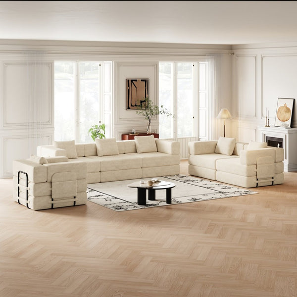 English Elm 6 Seater Corduroy Floor Sofa Bed with Storage Pockets and High Density Foam Cushions W3505S00020