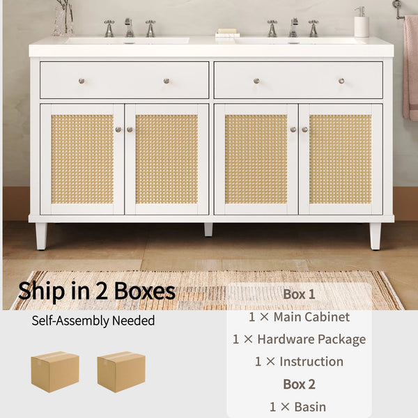 English Elm Christopher Knight Home® - 60 Inch Bathroom Vanity with Double Sinks SMC, Rattan Doors, Soft-Close Drawers, Stable Pine Legs White N817P296140W