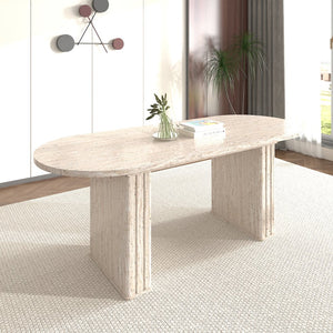 English Elm Kitchen extendable dining table with travertine-inspired melamine top, rounded edges, sturdy wooden base for family gatherings Beige W1347S00017