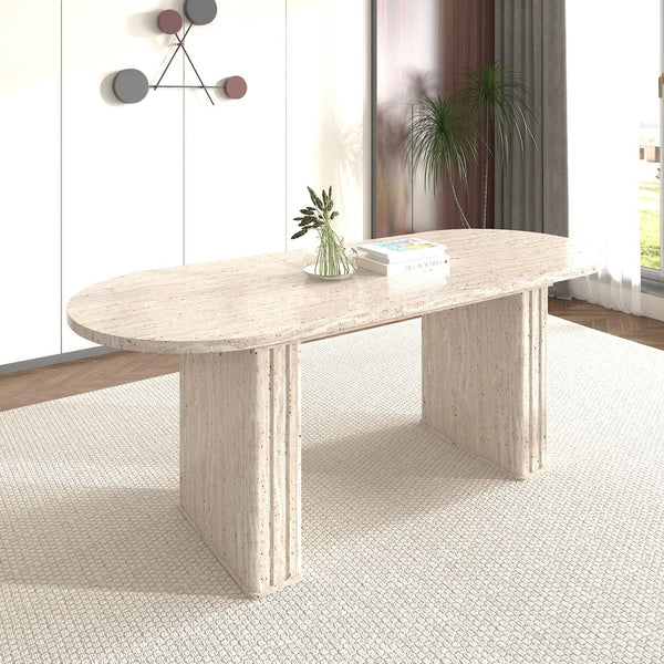 English Elm Kitchen extendable dining table with travertine-inspired melamine top, rounded edges, sturdy wooden base for family gatherings Beige W1347S00017