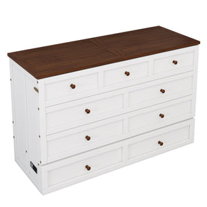 English Elm Solid Pine Murphy Bed Chest with Built-In Charging Station, Large Storage Drawer, Space-Saving Design White+Walnut 59.06 L x 24.8 W x 5.31 H BS701P176340K