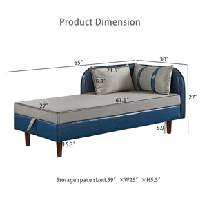 English Elm 65" Velvet Storage Chaise Lounge with Pu Leather Panels Eucalyptus Frame Accent Seat Blue+Grey W1097P434118
