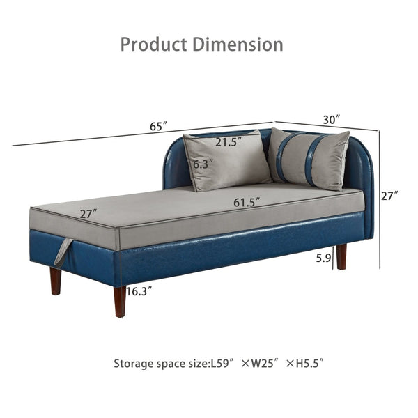 English Elm 65" Velvet Storage Chaise Lounge with Pu Leather Panels Eucalyptus Frame Accent Seat Blue+Grey W1097P434118