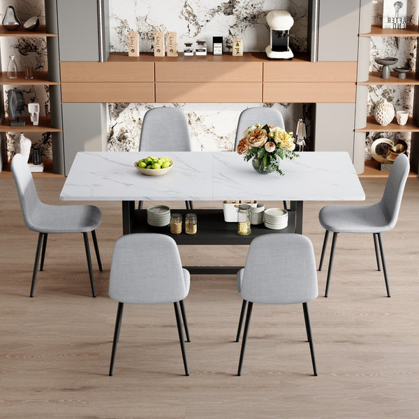 English Elm Table Set With 6 Light Gray Chairs - Modern White Grain Dining Table With Storage & Durable Comfort W1151S04261-GIGA