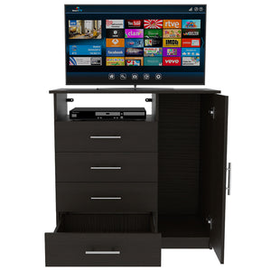 English Elm Carolina Four-Drawer Dresser with Single Door, Spacious Chest, Chrome Pulls, TV Top & Display Shelf B128S00039