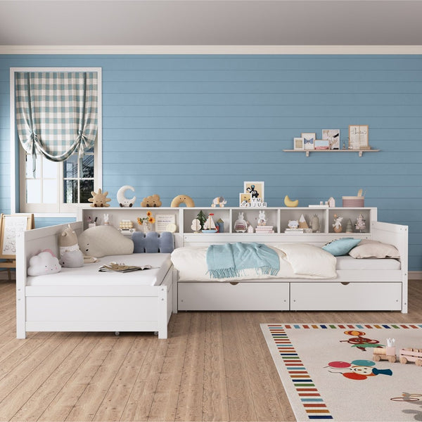 English Elm Twin Corner Daybed with Storage Drawers Bookshelf Wood L-shape Frame for Small Rooms White N733S369272K