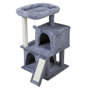 English Elm Double-layer Cat Tree with Sisal Ladder Flannel Houses and Pompom Toy for Small Spaces W2181P357568