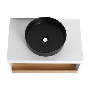 English Elm 30" Floating Wall Mount Bathroom Vanity Open Shelf Ceramic Vessel Sink Modern White Black,White + Light Oak W3450S00057