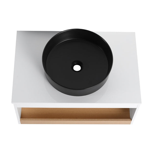 English Elm 30" Floating Wall Mount Bathroom Vanity Open Shelf Ceramic Vessel Sink Modern White Black,White + Light Oak W3450S00057