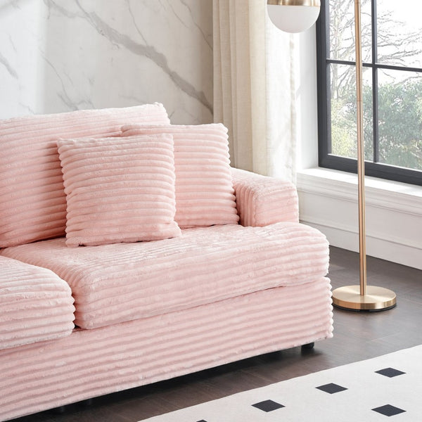 English Elm 79.3 Inch Corduroy Three Seat Sofa with Toss Pillows Modern Low Profile Living Room Couch Pink W1658P200033