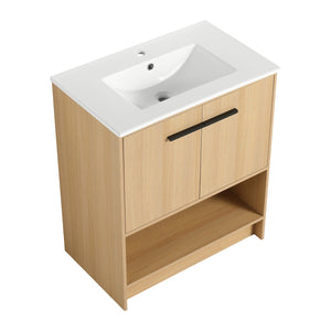 English Elm 30" Bathroom Vanity With Integrated Ceramic Sink, Soft-Close Doors & Open Shelf For Easy Storage W1972S00017