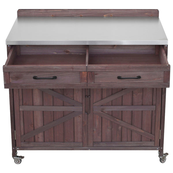 English Elm K&k Outdoor Prep Station Stainless Steel Top Fir Wood Cabinet with Drawer and Wheels Dark Brown N707P370273Z