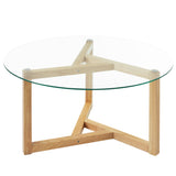 English Elm [New Picture] Round Glass Coffee Table Modern Cocktail Table Easy Assembly With Tempered Glass Top & Sturdy Wood Base, Natural (Old Sku: Wf190112Aal)