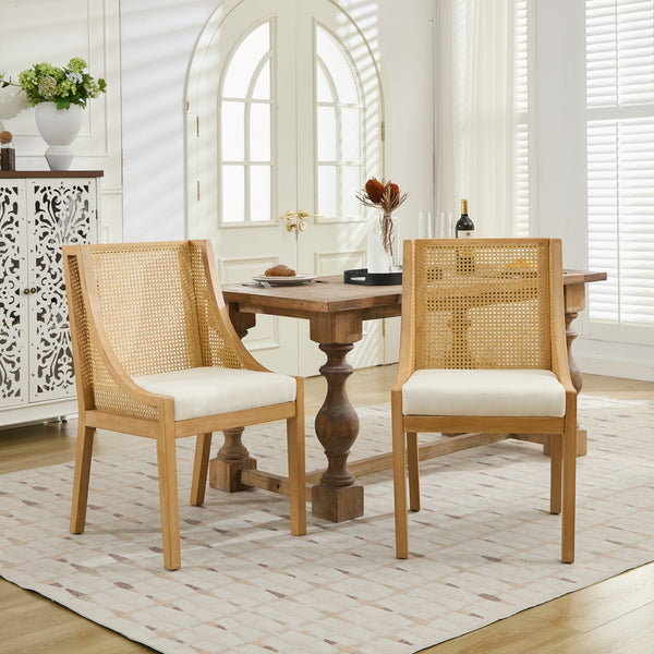 English Elm Rattan Solid Wood Dining Chair with Linen Seat and Decorative Armrests, Rustic Faux Rattan Elegance for Home Beige W1143P335052