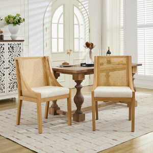 English Elm Rattan Solid Wood Dining Chair with Linen Seat and Decorative Armrests, Rustic Natural Finish Beige W1143P335052